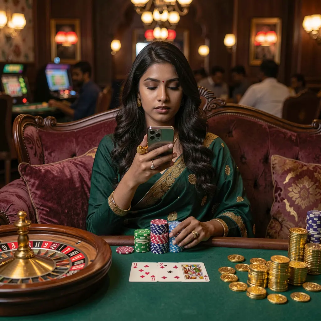 Stylish Bangladeshi woman relaxing on a sofa while using the 95OK casino app surrounded by glowing casino visuals and gold coins